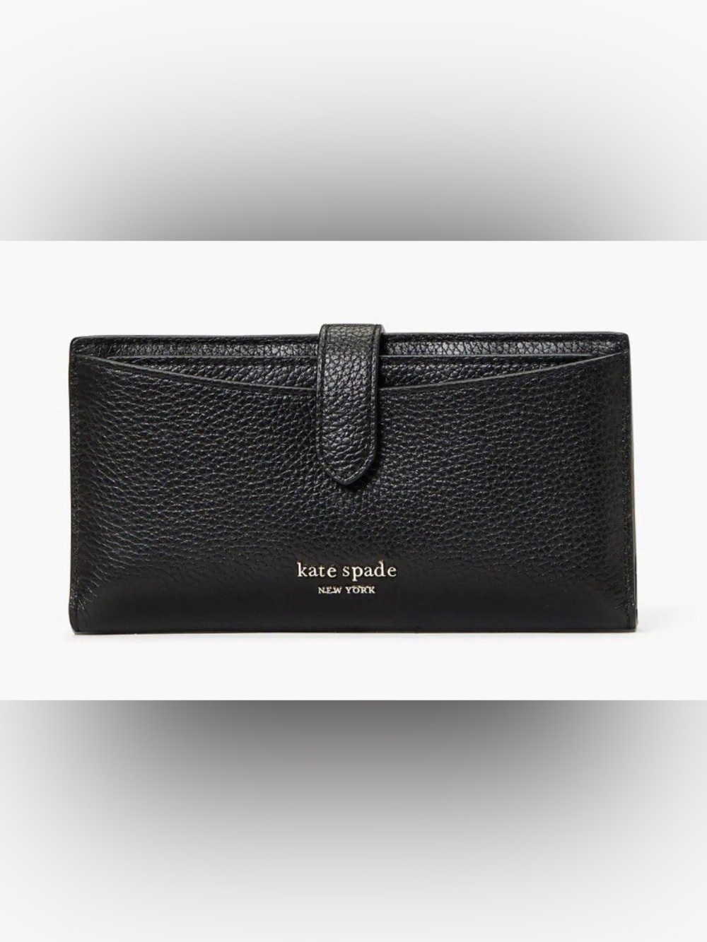 kate spade Black Pebbled Leather Tab Wallet with Gold Logo